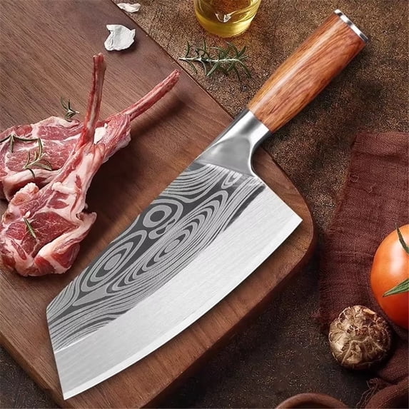 8" Meat Cleaver Knife, High Carbon Stainless Steel Butcher Knife with Laser Pattern Blade, Professional Cutting Knife for Kitchen Chef BBQ Chopping