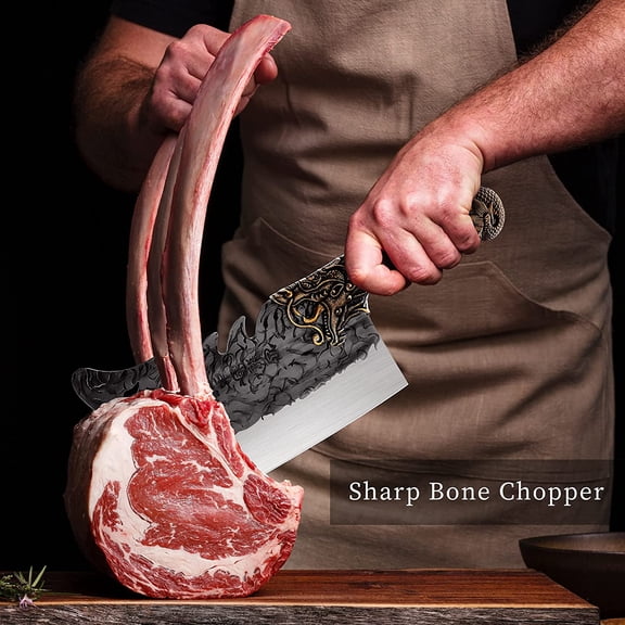 Cleaver Knife Meat Cutting Heavy Duty Bone Butcher Chopper Large Hand Forged Chinese Dragon Cutter for Kitchen Outdoor with Sheath Birthday Father Mother Christmas Gift Men 8.6"