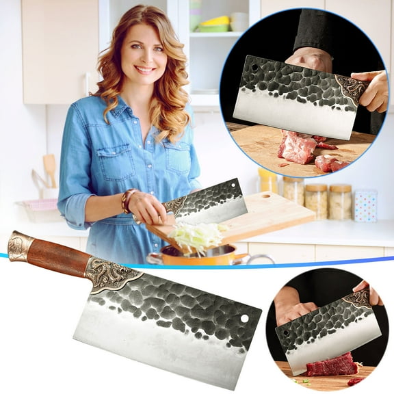 Cleaver Knife for Meat Cutting High Carbon Steel Hand Forged Chef Knife with Curved Blade for Chopping and Carving, Gift Box Included
