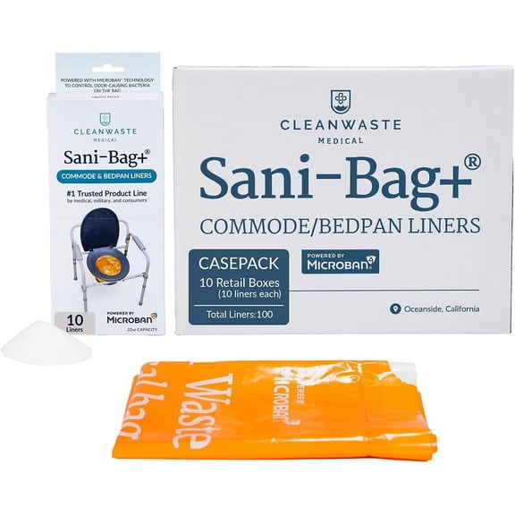 Cleanwaste Medical Grade Sani-Bag+ Commode Liners with Microban, Absorbent Gelling Powder for Urine/Poop, No Odor or Leaks, 1 Box (100 Drawstring Bags)