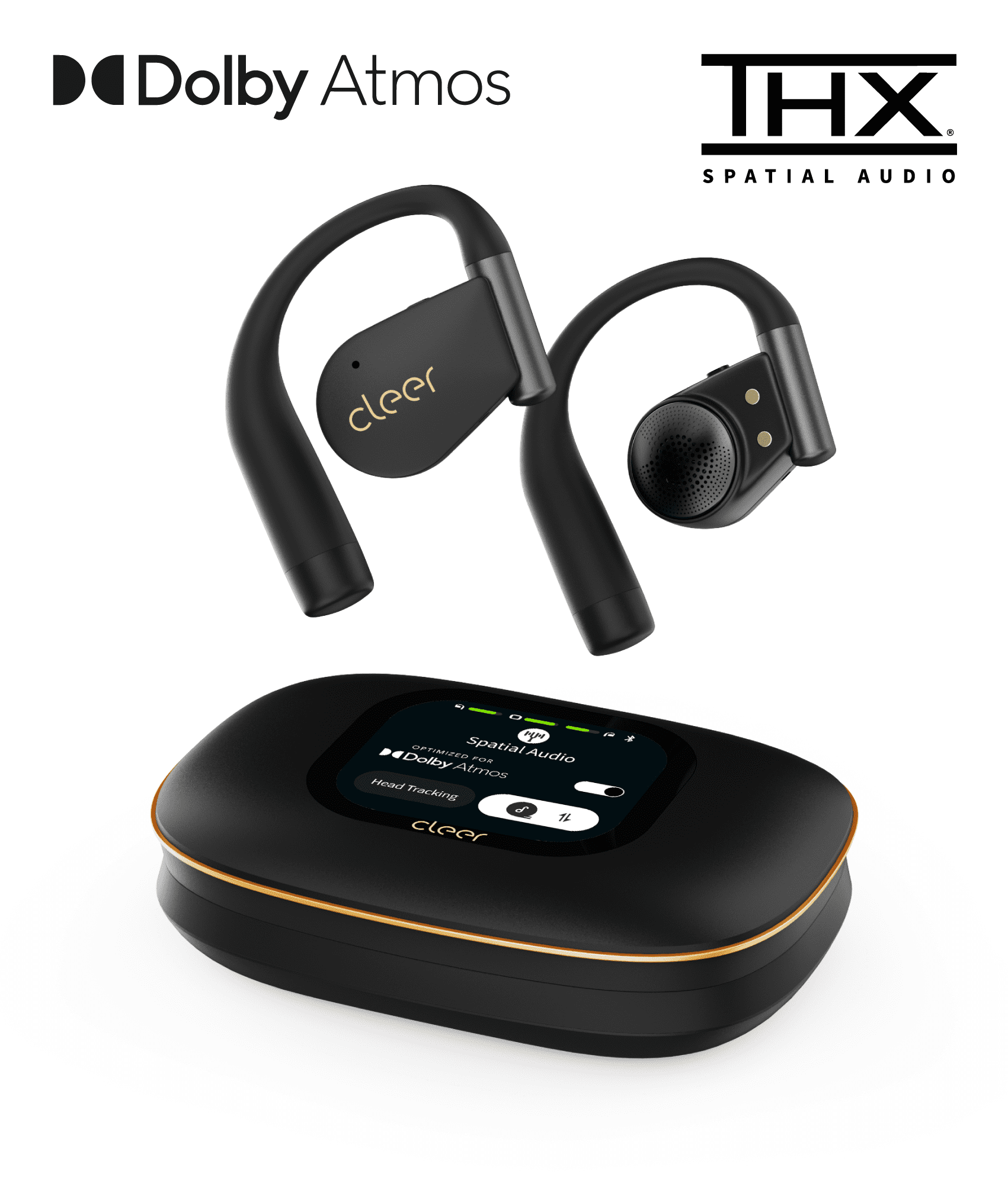 Cleer ARC 5 Open-Ear Wireless Earbuds with Ear Hooks, Dolby Atmos & THX Spatial Audio, 60H Battery, Fast Charge, IPX7 Waterproof Sports Headphones for Running & Workouts, Black