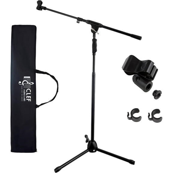 Clef Audio Labs Heavy Duty Mic Stand w/ Adjustable Height via Single Hand Clutch Carrying Bag