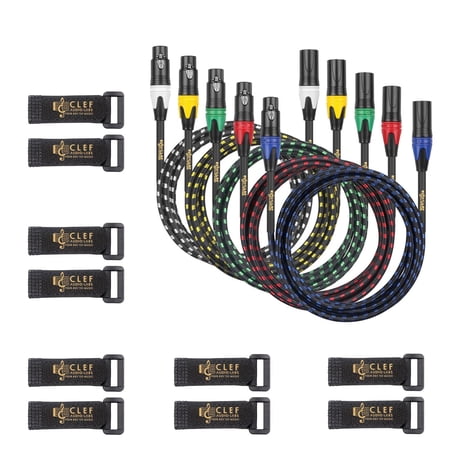Clef Audio Labs XLR Male to XLR Female, Black Zinc Alloy Shell/5 Color Braided -1FT- 5PK