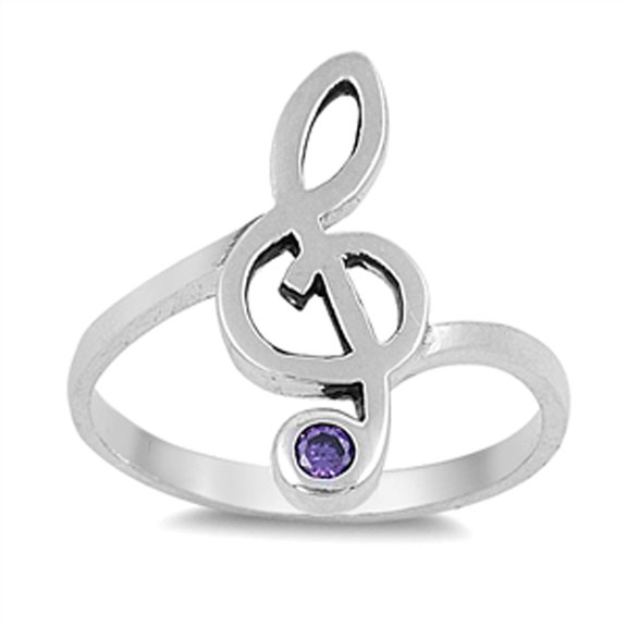 Clef Note Music Ring Simulated Amethyst 925 Sterling Silver Band Purple CZ Female Size 10