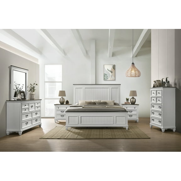 Clelane Wood Bedroom 6 piece Set with Shiplap Panel Queen Bed, Dresser, Mirror, Two Nightstands, and Chest