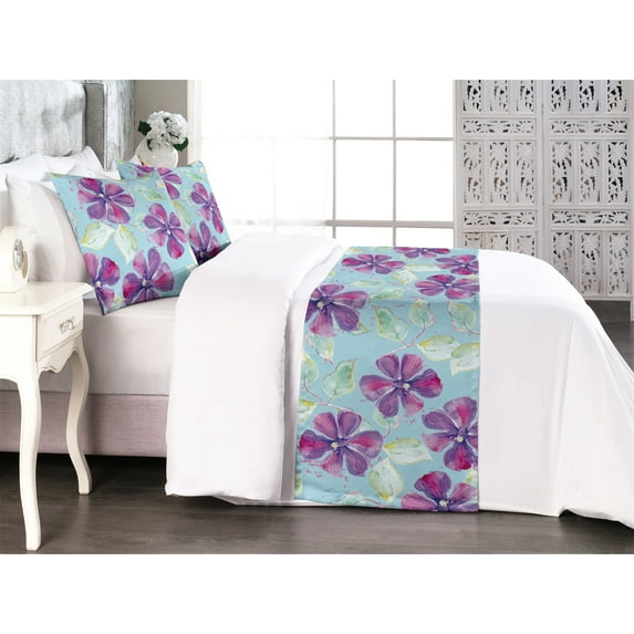 Clematis Art Bed Runner Set, Watercolor Delicate Floral Boho with Leaves Greenery Dreamy Aura, Decorative Bedding Scarf & 2 Pillow Shams for Hotels Homes, King, Mint Green Pale Fuchsia, by Ambesonne