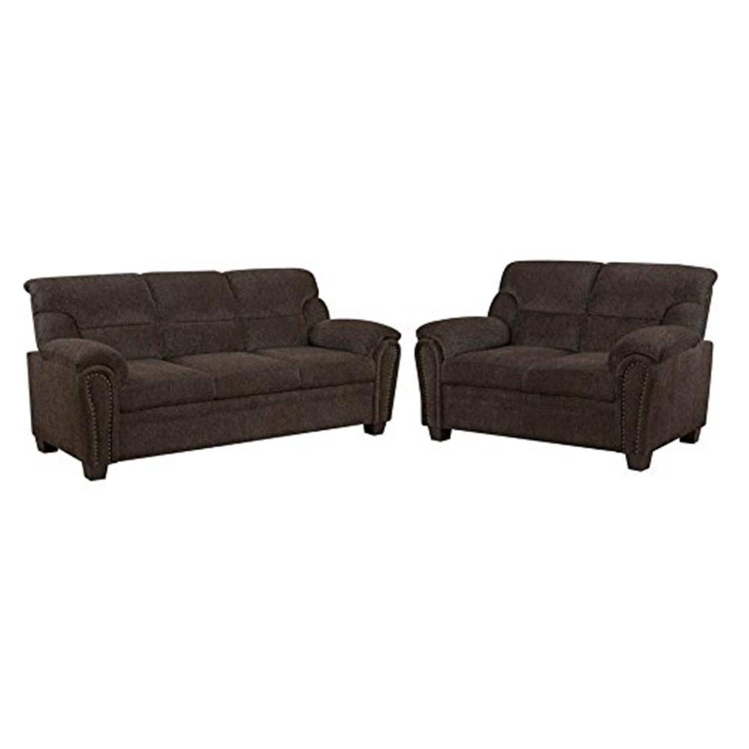 Dark Brown Chenille 2-Piece Sofa and Loveseat Set with Nailhead Trim