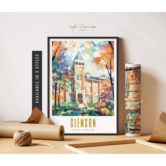 Clemson South Carolina Retro Destination Travel Wall Art, Unframed Canvas 8x10in