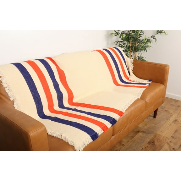 Clemson Stripe Woven Throw - Creme blanket with Blue & Orange Stripes - 100% Cotton Made in the USA (73x48)