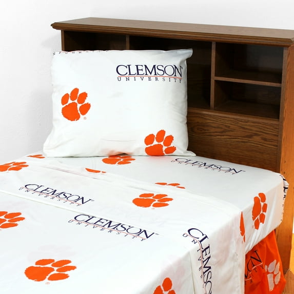 Clemson Tigers 100% cotton, 3 piece sheet set - flat sheet, fitted sheet, 1 pillow case, Twin, White