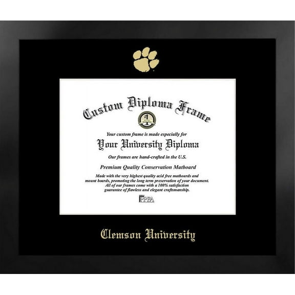 Clemson University 11w x 8.5h Manhattan Black Single Mat Gold Embossed Diploma Frame with Bonus Campus Images Lithograph (value savings at $59)