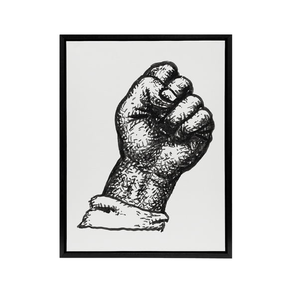 Clenched Fist Black and White Drawing Gestel Black Framed Canvas Wall Art 18x24"