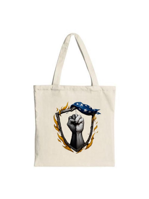 Clenched Fist Tote Bag - Symbol of Strength & Solidarity Surrounded by Flames with Blue Flag & Stars - Perfect for Shopping & Travel