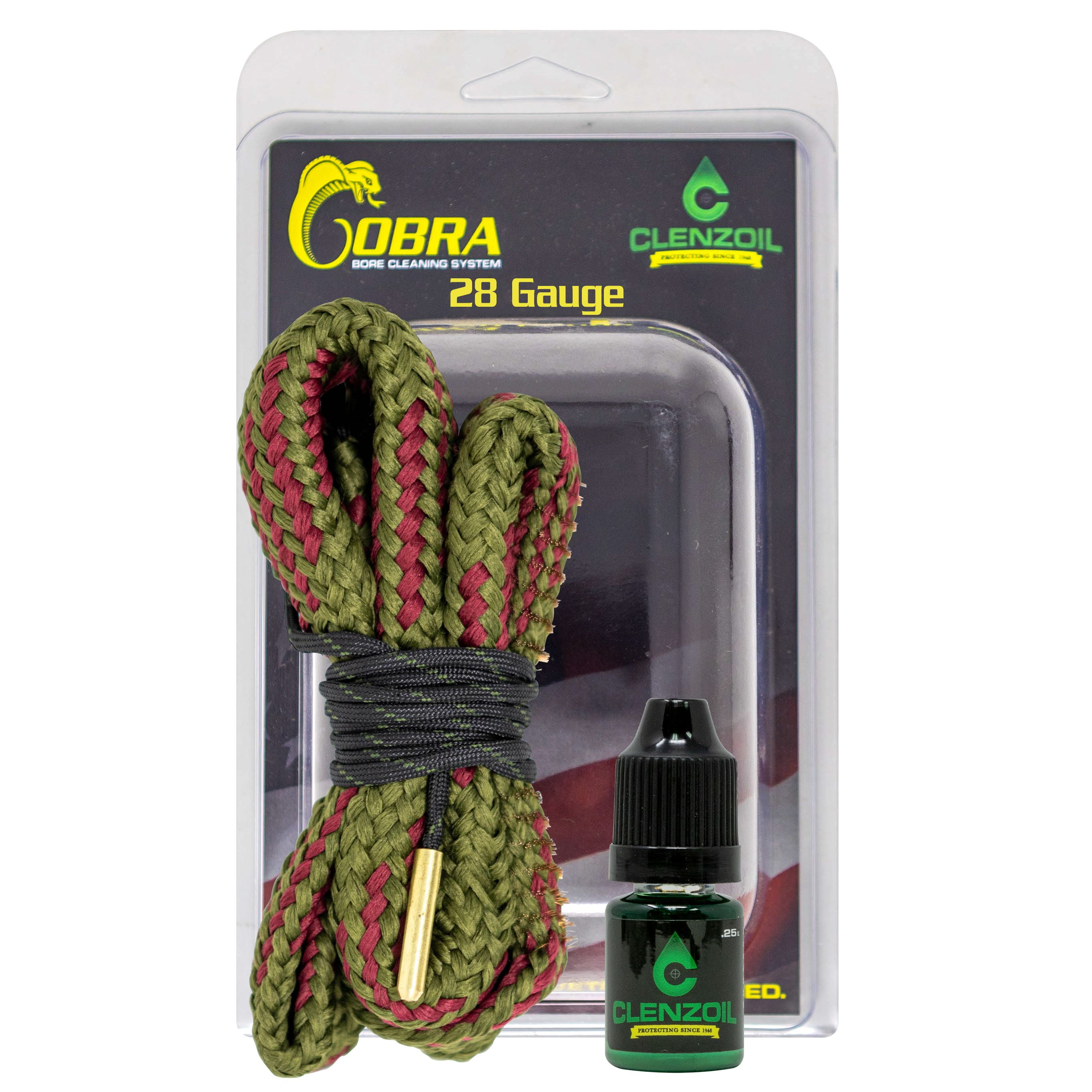 Clenzoil Cobra Bore Cleaning System - Efficient, Easy Gun Cleaning Kit - Includes CLP Gun Bore Cleaner - With Integrated Brass Bore Brush - Woven Cotton Rope - For 28 Gauge Shotguns