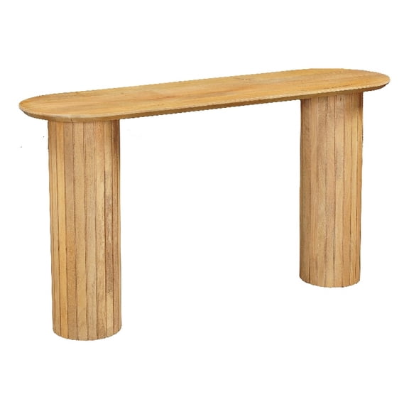 Cleo 54" Sofa Console Table-Rounded Corners-Ribbed Legs-Oak Finish Mango Wood