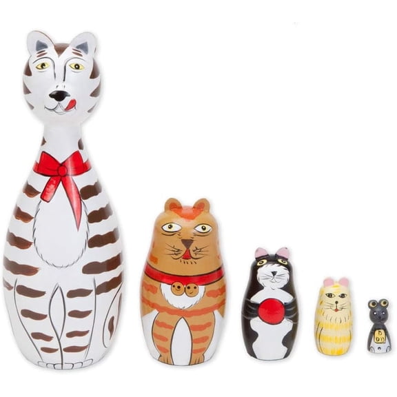 Cleo & Friends Set of 5 Hand-Painted Nesting Cat Dolls, 7″ Tall Gift Box