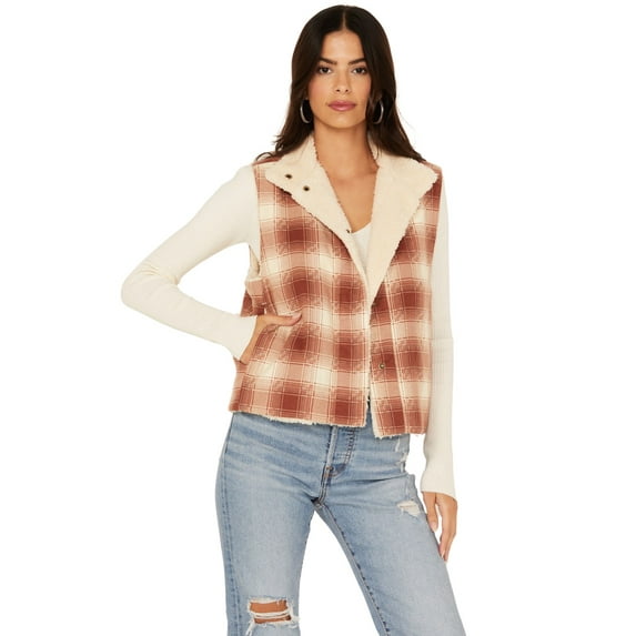 Cleo + Wolf Women's Alice Reversible Sherpa And Plaid Vest Rust Copper Small US