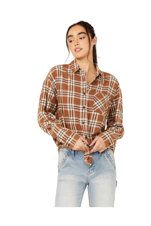 Women's Aubrey Plaid Print Long Sleeve Button-Down Western Shirt Chocolate Medium US