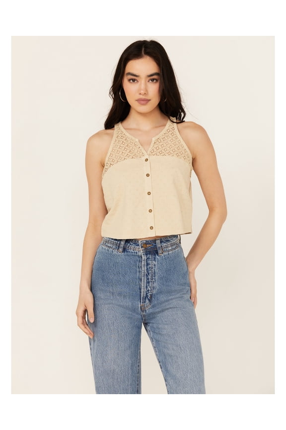 Women's Blaire Cropped Jacquard And Lace Tank Oatmeal Large US