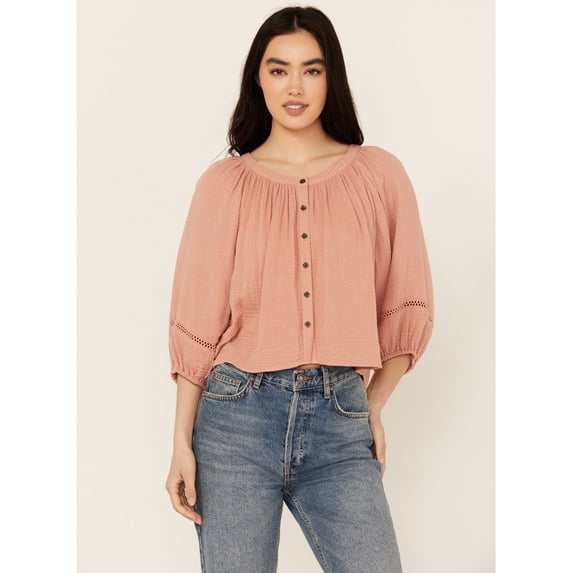 Cleo + Wolf Women's Brie Crochet Trim Long Sleeve Shirt - CLSU24W89-PCH XX- US