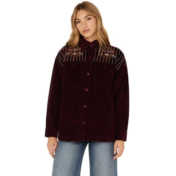 Cleo + Wolf Women's Embroidered Velvet Shacket Grape US