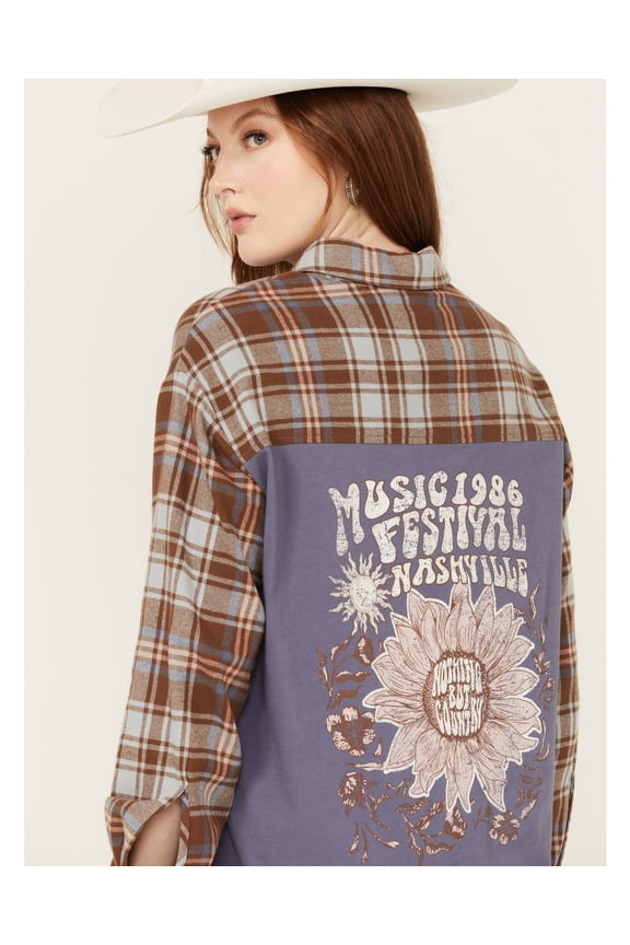 Women's Mixed Media Plaid Print Button-Down Graphic Flannel Shirt Indigo   US