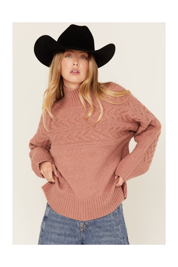 Women's Mock Neck Pullover Cable Knit Sweater - CLHO24SW96-PCH X-  US