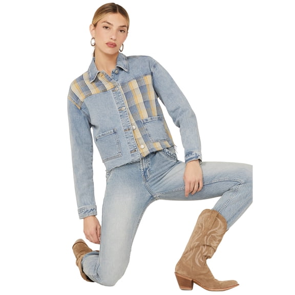 Cleo + Wolf Women's Oversized Plaid Mix Denim Cropped Jacket Light Medium Wash X- US