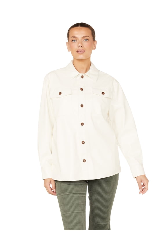 Women's Oversized Solid Faux Leather Shacket Ivory X-Large US