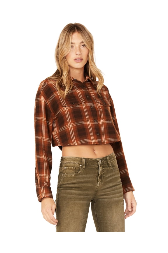 Women's Women'S Plaid Print Cropped Shirt Brown   US