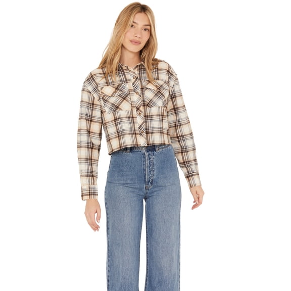 Cleo + Wolf Women's Plaid Print Cropped Shirt Cream X-Large US