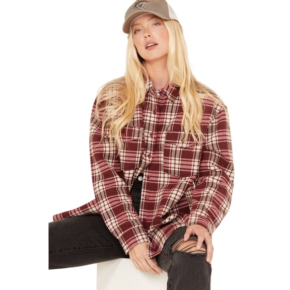 Cleo + Wolf Women's Plaid Print Long Sleeve Button-Down Oversized Shacket Ruby X- US