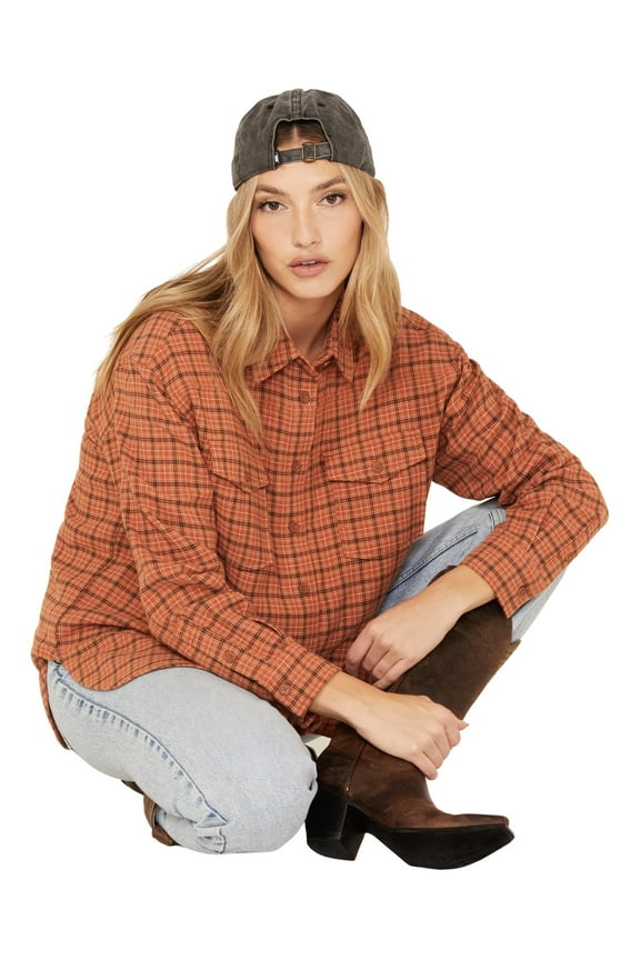 Women's Plaid Print Oversized Long Sleeve Flannel Button Down Shirt Cognac XX-  US
