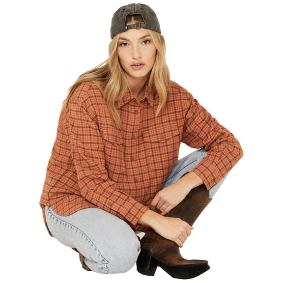 Cleo + Wolf Women's Plaid Print Oversized Long Sleeve Flannel Button Down Shirt Cognac XX- US