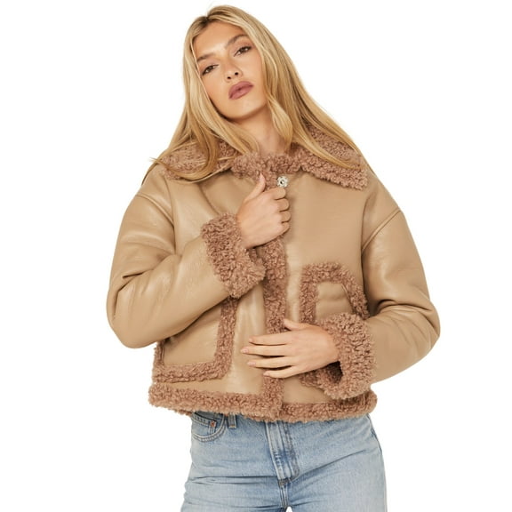 Cleo + Wolf Women's Reversible Sherpa Trimmed Moto Jacket Taupe X-Large US