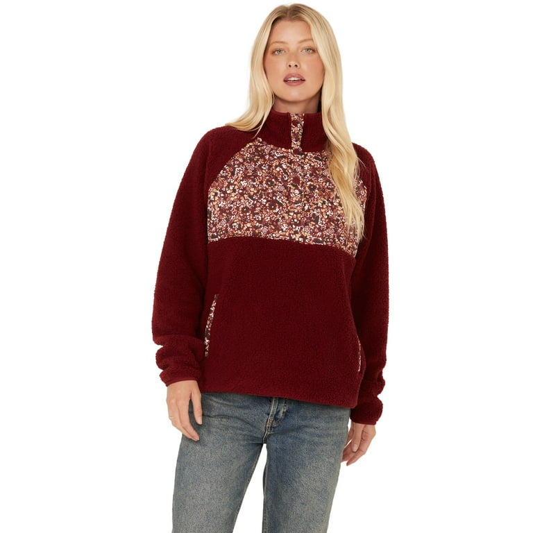 Cleo + Wolf Women's Sherpa Half Button Pullover Burgundy Medium