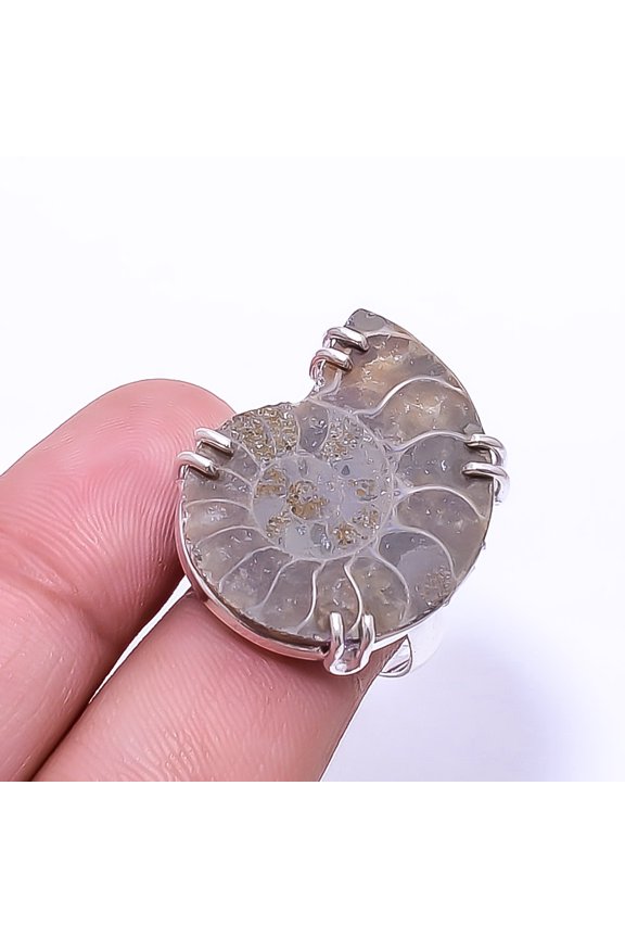 Cleoniceras Cleon Ammonite -Fossil Solitaire Gemstone Handmade 925 Sterling Silver Ring s.7.5, Brown Ammonite Ring R_8024_297_117