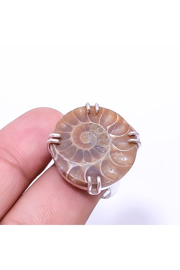 Cleoniceras Cleon Ammonite -Fossil Solitaire Gemstone Handmade 925 Sterling Silver Ring s.7.5, Brown Ammonite Ring R_8024_297_126