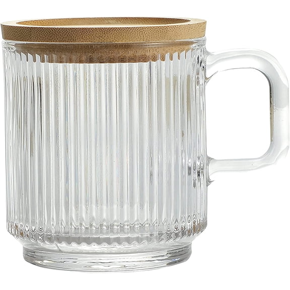 Cler Glss Coffee Mug with Lid - Premium Clssicl Vel Stripes Te Cup for |Ltte|Te|Chocolte|Juice|Wter| Unleded Bmboo 12.5 Ounces