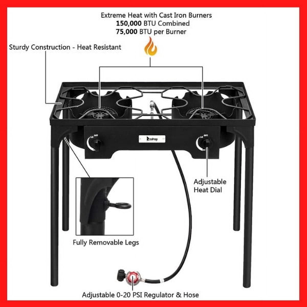 Clerance! Double Burner Two Burner Camp Stove with Windscreen Outdoor High Pressure Propane 2 Burner Adjustable PSI Regulator and 4ft Steel Braided Hose With Removable Legs