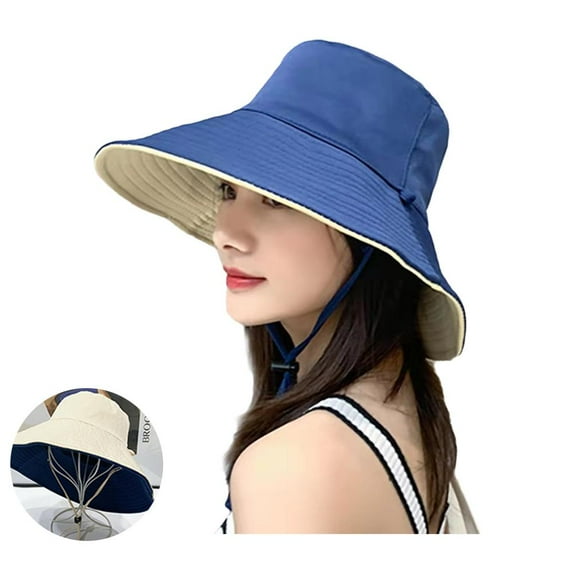 Clerance! Double-Sided Windproof Rope Ladies Sun Hat Double-Sided Large Brim Fisherman Hat Korean Version Student All-Match Basin Hat Summer Breathable Sun Protection Sun Hat