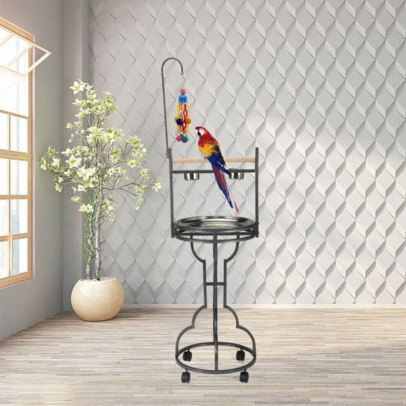Clerance Pet Gift! Bird Stand Rack with Solid Wood Perch, Feeding bowls, Waste Tray, Toy Hook and Casters, Black