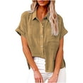 thumbnail image 1 of Clerance-Sale Blouse for Women Dressy Casual Solid Color Retro Blouses & Button-down Shirts Short Sleeve Lapel Collar Fashion Teacher Shirt Loose Linin And Cotton Shirts(Khaki,XL), 1 of 8