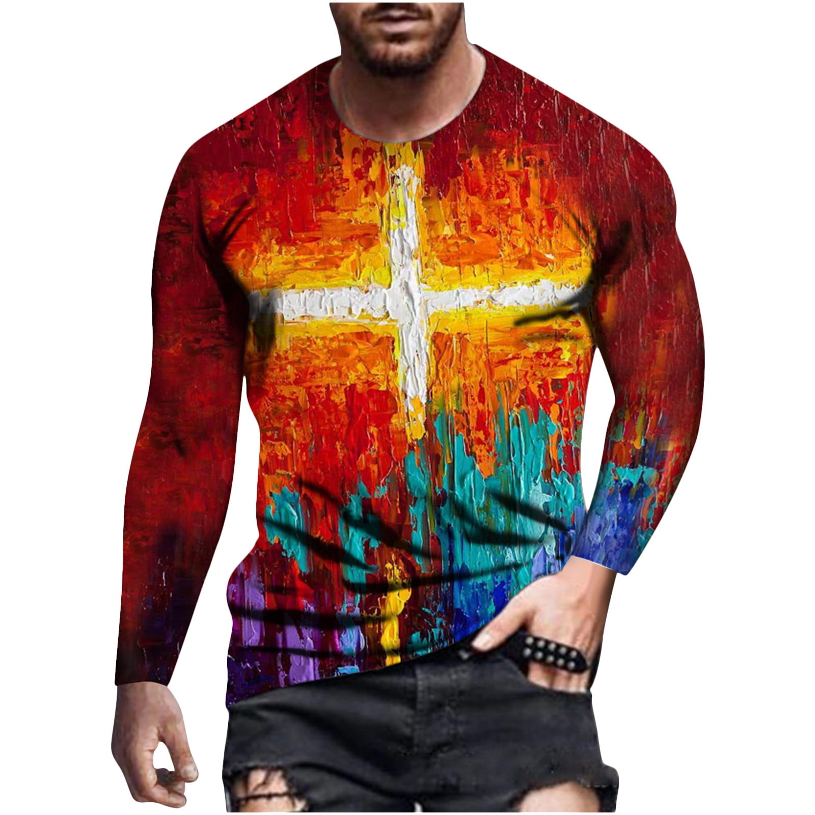 Clerance-Sale Long Sleeve Tee Shirts for Men Round Neck Casual Mens ...