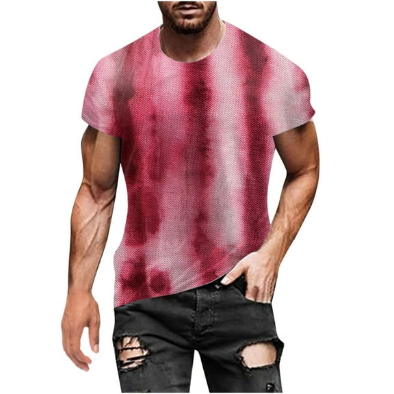 Clerance-Sale Mens Shirts Fashion Digital Gradient Printing Short Sleeve Men's T-shirts Stylish Big & Tall Plus Mens Tops Workout Trendy Crew Neck Daily Tank Tops Men(Hot Pink,4XL)