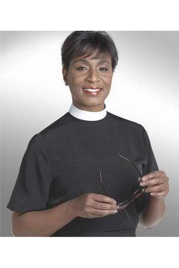 Clerical Shirt-Women-Short Sleeve Banded Collar-Size 16-Black