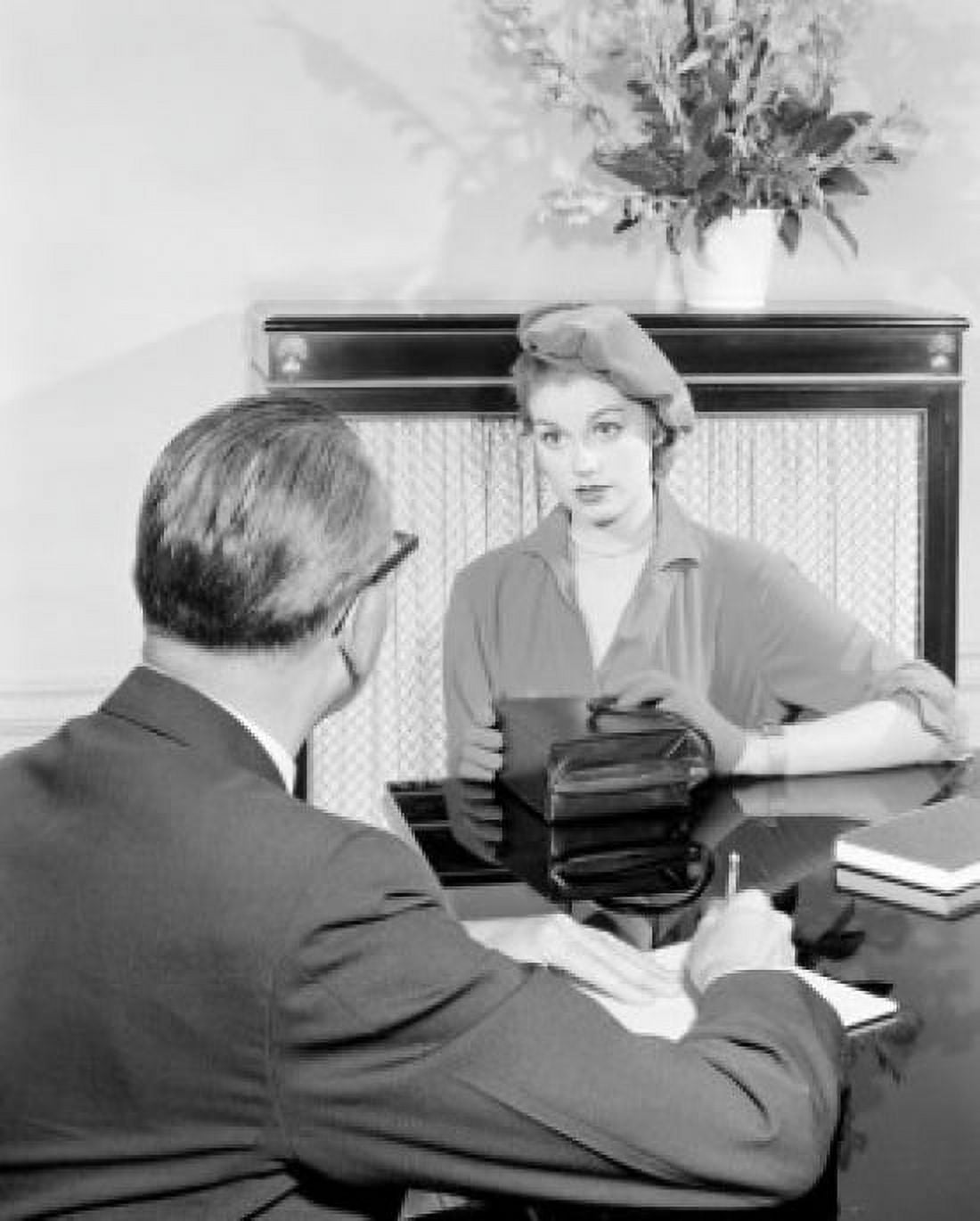 Clerk talking to woman Canvas Art - (24 x 36)