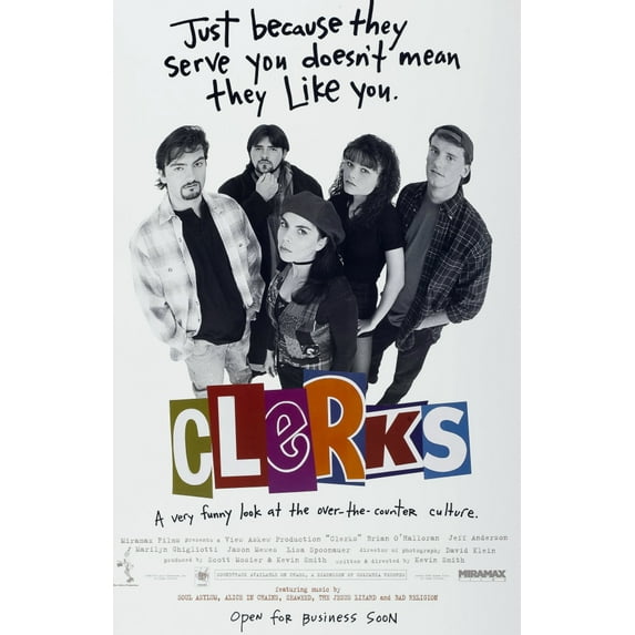 Clerks, L-R: Brian O'Halloran, Kevin Smith, Marilyn Ghigliotti, Lisa Spoonauer, Jeff Anderson, 1994, Poster Art Photo Print (8 x 10)