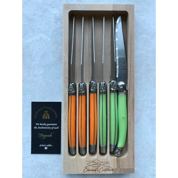 Clermont Coutellerie Laguiole Serrated Edge Sharp Premium Dishwasher Safe Full Tang Stainless Steel 6-Piece Steak Knife Set, Elegant Green & Orange Handle