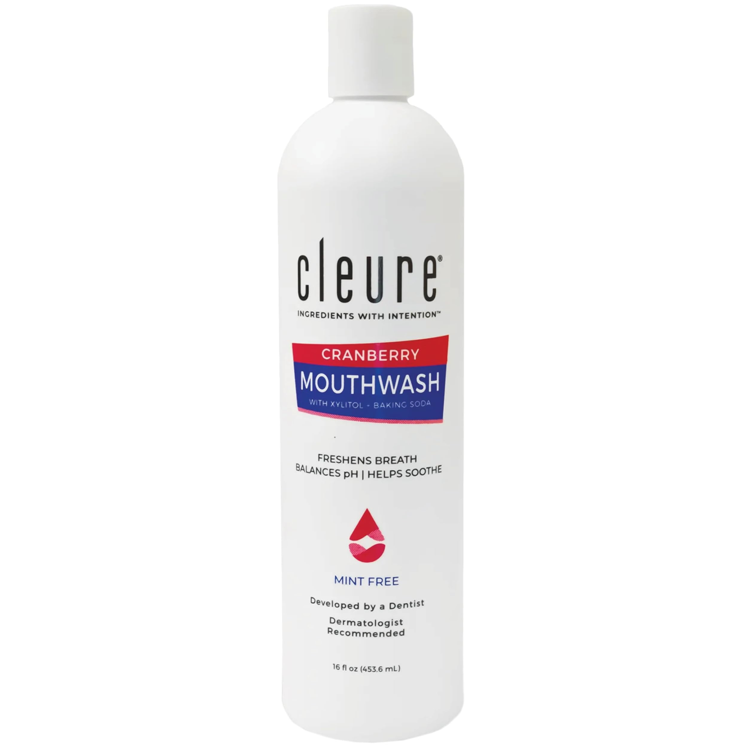 Cleure Alcohol Free Mouthwash with Xylitol & Baking Soda - Gentle Fluoride Free Mouth Wash for Adults & Kids - Cranberry (16 oz, Pack of 1)